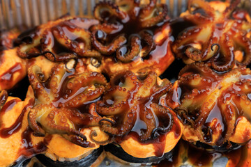Fototapeta premium Octopus sushi served with sauce in a street food market during the evening hours