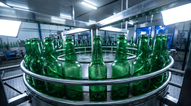 Rotary bottling machine processing green glass bottles in modern industrial beverage factory with industrial beverage manufacturing production conveyor equipment