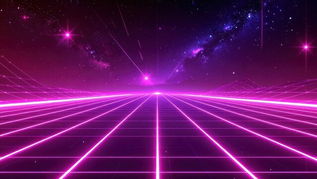 Retro synthwave 80s purple laser grid perspective background