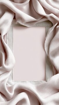 Soft textile instagram story frame with draped silk fabric and stitched wooden border for elegant social media template and portrait background