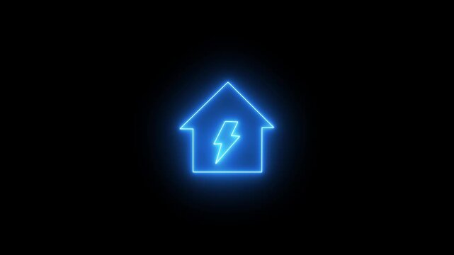Glowing neon line home with lightning bolt symbolizing home power and energy concept. Electric house neon sign. Sustainable energy idea concept. Charging icon and power icon animation.