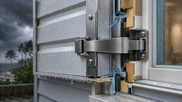 A cross-section view of a metal storm shutter latch and water drainage system.