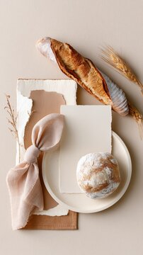 Bakery menu card mockup with baguette and round loaf on neutral torn paper for local bakery branding and menu layout