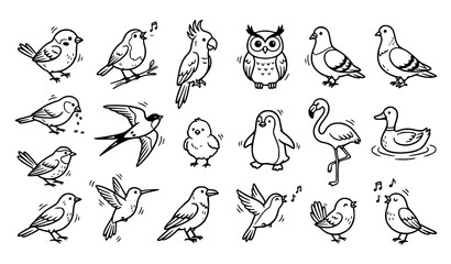 Obraz premium Hand drawn bird outline icon collection featuring sparrows, owls, pigeons, penguins, flamingos, hummingbirds, and other assorted birds
