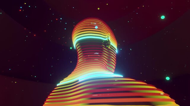 4K Seamless vj loop of abstract human bust formed by concentric horizontal tubes. Digital futuristic artificial intelligence sculpture surrounded by abstract science background.