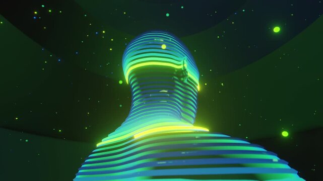4K Seamless vj loop of abstract human bust formed by concentric horizontal tubes. Digital futuristic artificial intelligence sculpture surrounded by abstract science background.