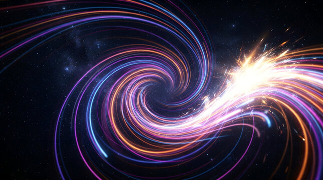 Abstract background featuring vibrant glowing light trails swirling in a dynamic spiral motion against a dark black backdrop