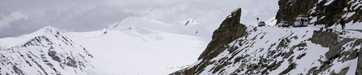 Fototapeta premium Khardungla pass road with snow view in Ladakh, India