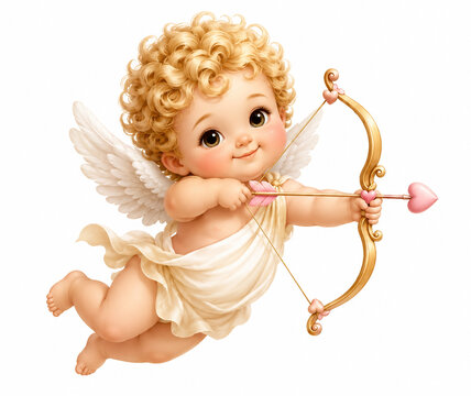 Baby cherub with curly blonde hair and white wings flying while aiming a bow with a pink heart-tipped arrow. Isolated watercolor-style illustration on white.
