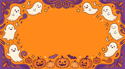 Fototapeta premium Cute Halloween ghost and pumpkin border frame on orange background