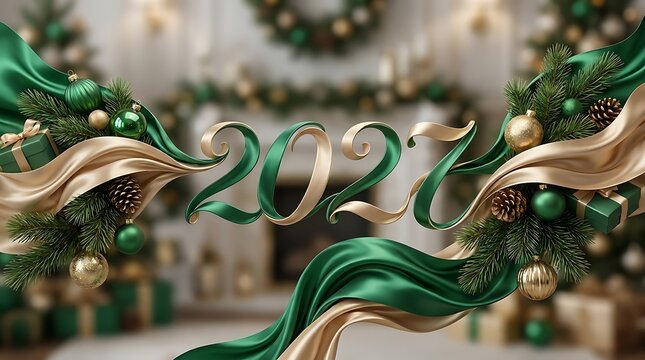 Elegant holiday celebration design featuring year two thousand twenty seven with decorative greenery and gold ornaments