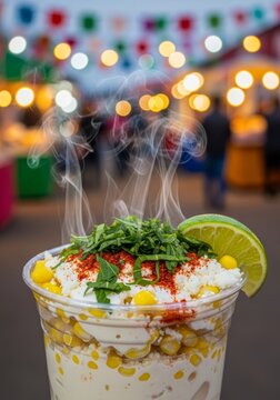 Steaming cup of esquites with corn, cheese, chili powder, and lime at a street food market. Traditional Mexican snack served in a plastic cup. Cultural festival food celebration concept.