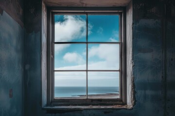 Fototapeta premium Window frame showing a beautiful seascape with cloudy blue sky in an abandoned building, providing a concept of hope and freedom