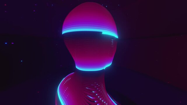 4K Seamless vj loop of abstract human bust formed by concentric horizontal tubes. Digital futuristic artificial intelligence sculpture surrounded by abstract science background.