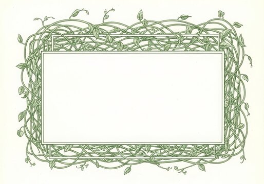 Green vine frame with leaves surrounding a clear rectangle. Botanical border illustration for invitation or greeting card. Natural floral decoration with organic element and space.