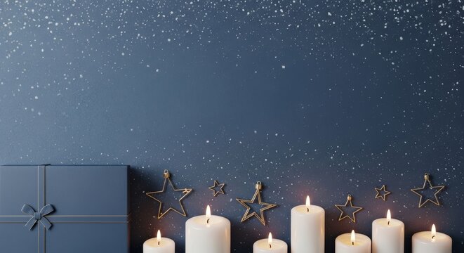 Christmas gift box with lit candles and golden star ornaments on starry blue background. Holiday celebration and winter season greeting background with copy space for text.