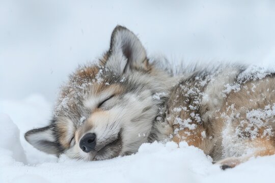 Adorable wolf cub sleeping peacefully in the snow, enjoying a winter nap