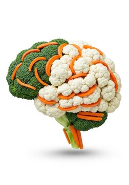 Human brain shape made from fresh vegetables. Healthy eating concept with broccoli and cauliflower decorated with carrot slices. Biology and intelligence symbol for diet education.