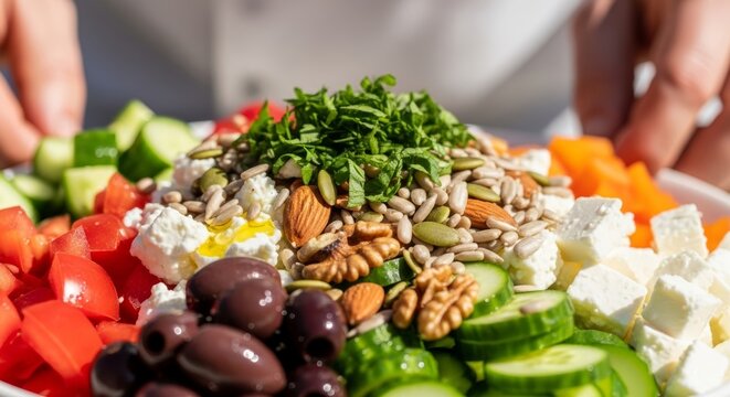 Chef holds a fresh salad with cheese, nuts, and vegetables. Healthy food preparation in a professional kitchen. Concept of Mediterranean diet, nutrition, and cooking ingredients.