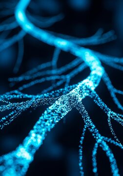 Abstract brain neuron connection structure with glowing blue digital particles. Network of biological nerve cells and synapses. Science, medical, neuroscience and technology concept.