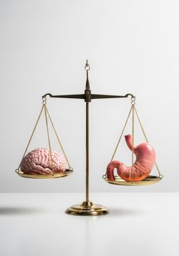 Human brain and stomach on golden balance scale. Conceptual comparison between mental focus and gut feeling. Scientific metaphor for weight of decision, digestion and neuroscience.