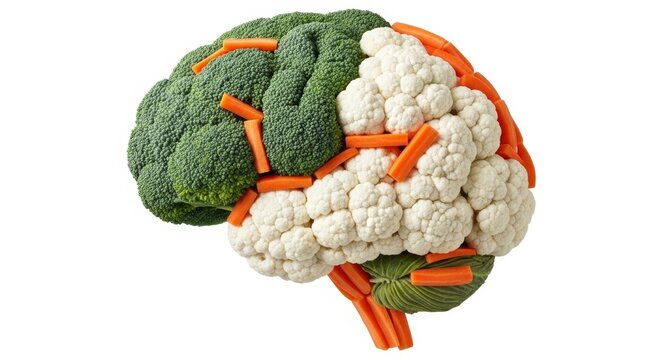 Human brain shape created from broccoli, cauliflower and carrot pieces. Healthy food for brain function and memory improvement. Nutritional diet concept for mental health and wellness.