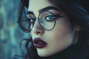 Fototapeta premium Close up portrait of a brunette woman with round glasses and dark lipstick