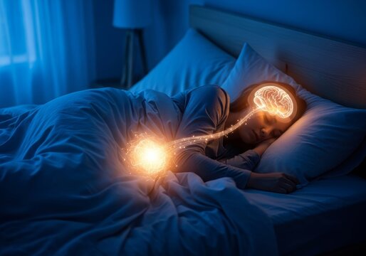 Woman sleeping in bed with glowing brain visualization. Concept of dreams, memory processing, and connection between mind and gut. Neurobiology and cognitive health in psychology research.