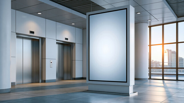 Blank vertical digital display positioned inside modern elevator lobby with sunrise light and reflective floor