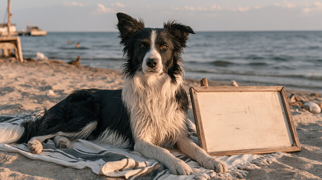 Border collie resting on striped beach towel beside blank wooden sign at sandy seashore, watching calmly under soft coastal evening light