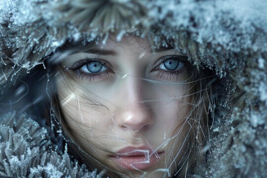 Close up portrait of a beautiful woman wearing a fur hood, her face partially covered by ice crystals, conveying a sense of serenity amidst a winter landscape