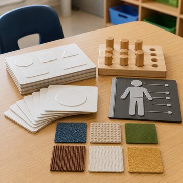 Educational sensory play materials including geometric shape boards, textured tiles, and stacking toys arranged on a wooden table in a classroom setting