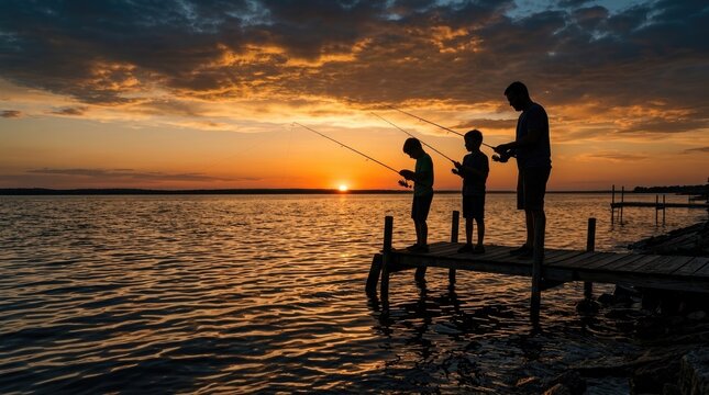 Silhouette of father and sons fishing from wooden pier during vibrant sunset over calm lake water