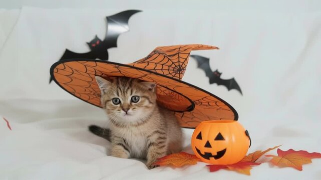 Cute kitten wearing a witch hat isolated on white background