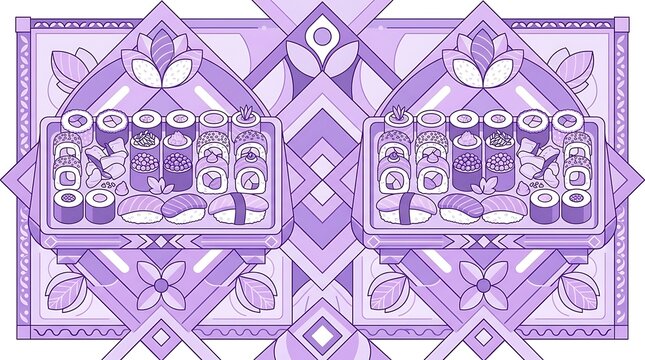 Sushi rolls and nigiri trays on purple floral geometric background