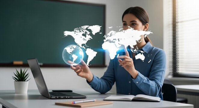 Innovative geography teacher using holographic world map and globe in a modern classroom.