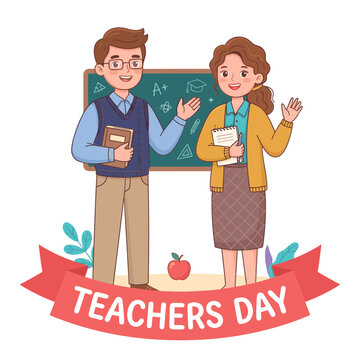 Happy Teachers Day illustration showing two educators with festive banner