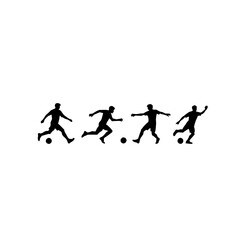 Obraz premium Soccer player action sequence set with black and white vector illustration featuring dynamic kicking poses, silhouetted athletes, and motion flow with clean white background and bold minimalist style