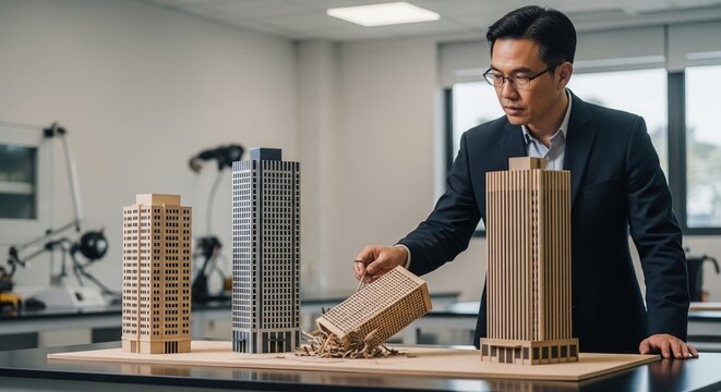 Professor demonstrating earthquake structural testing on building models in a laboratory setting