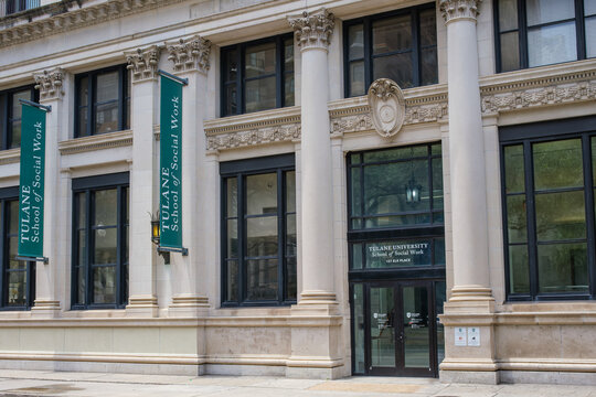New Orleans, LA, USA - August 6, 2026: Front of Tulane University School of Social Work on Elk Place in Downtown New Orleans 