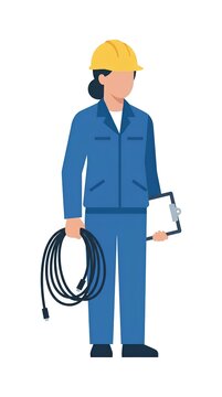 Female electrician illustration with cable and clipboard.