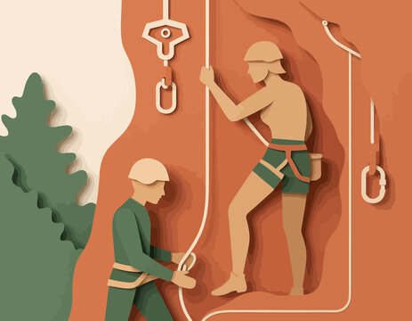 Illustration of two climbers ascending a rock wall with safety harnesses and climbing gear