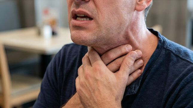 Middle Aged Man Holding His Throat in Pain and Distress at Home Showing Choking or Sore Throat Symptoms