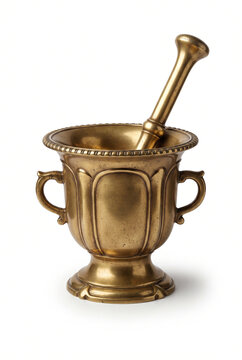 Vintage brass mortar and pestle with ornate design, isolated on white background