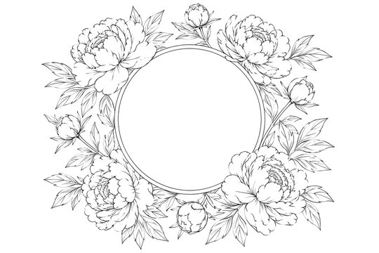 Isolated vector graphic of line art peony flower frame background