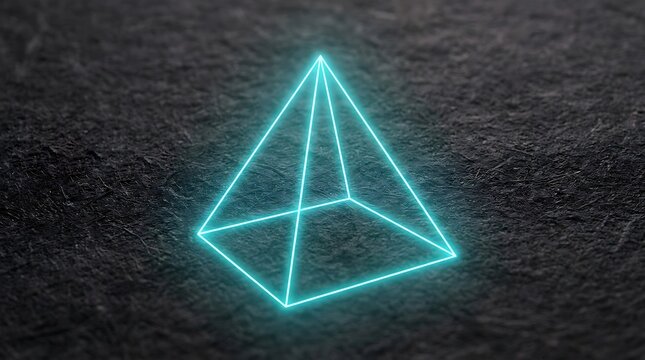 Glowing geometric tetrahedron shape on dark textured surface