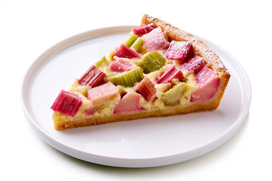 Part de tarte &agrave; la rhubarbe sur fond blanc, sur assiette blanche. P&acirc;te bris&eacute;e, morceaux de rhubarbe, saupoudr&eacute;e de sucre glace et migaine fa&ccedil;on cr&egrave;me p&acirc;tissi&egrave;re