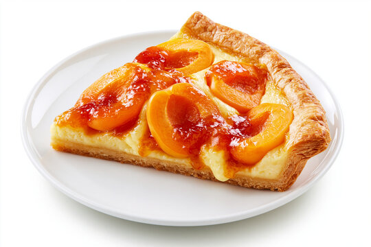 Part de tarte aux abricots sur fond blanc, sur assiette blanche. P&acirc;te feuillet&eacute;e, oreillons d'abricots napp&eacute;s de confiture et migaine fa&ccedil;on cr&egrave;me p&acirc;tissi&egrave;re