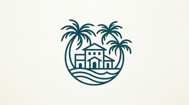 Tropical resort logo with palm trees and beachfront hotel illustration in minimalist line art style