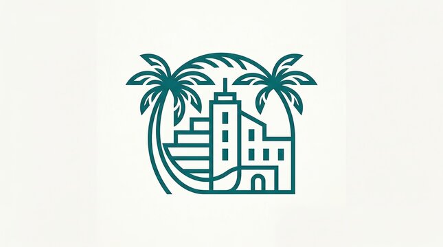 Modern tropical resort hotel logo with palm trees and minimalist architecture design vector